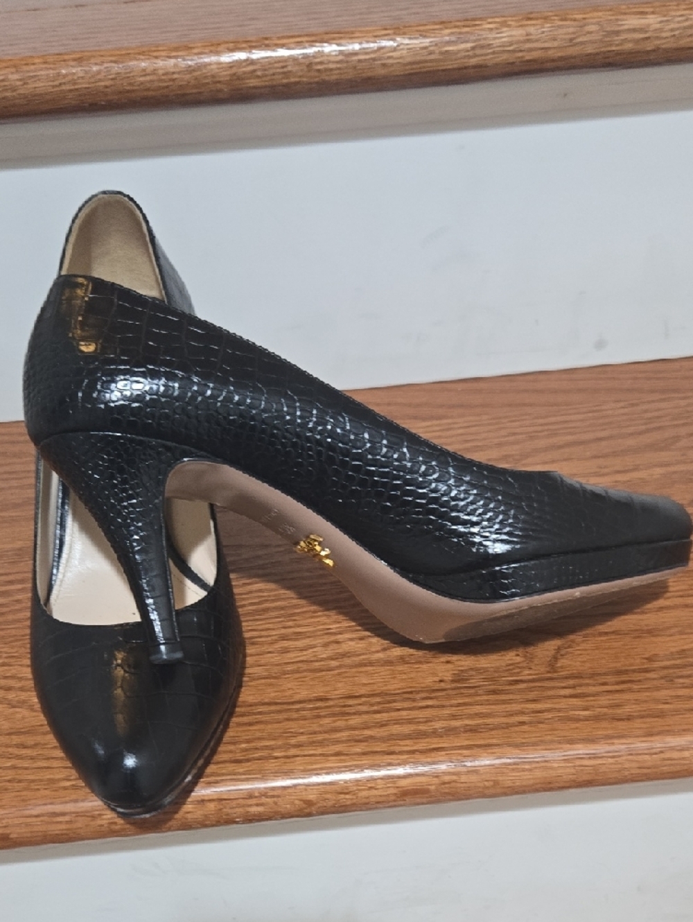 Prada Black Croc-Embossed Pointed Pumps - Picture 8 of 12